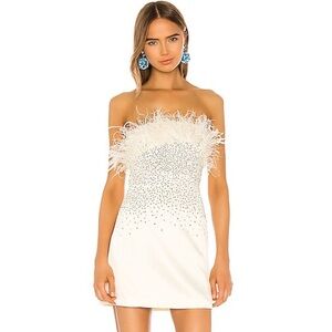 NBD x Revolve GRACY Strapless White Ostrich Feathered Sequin Mini Dress